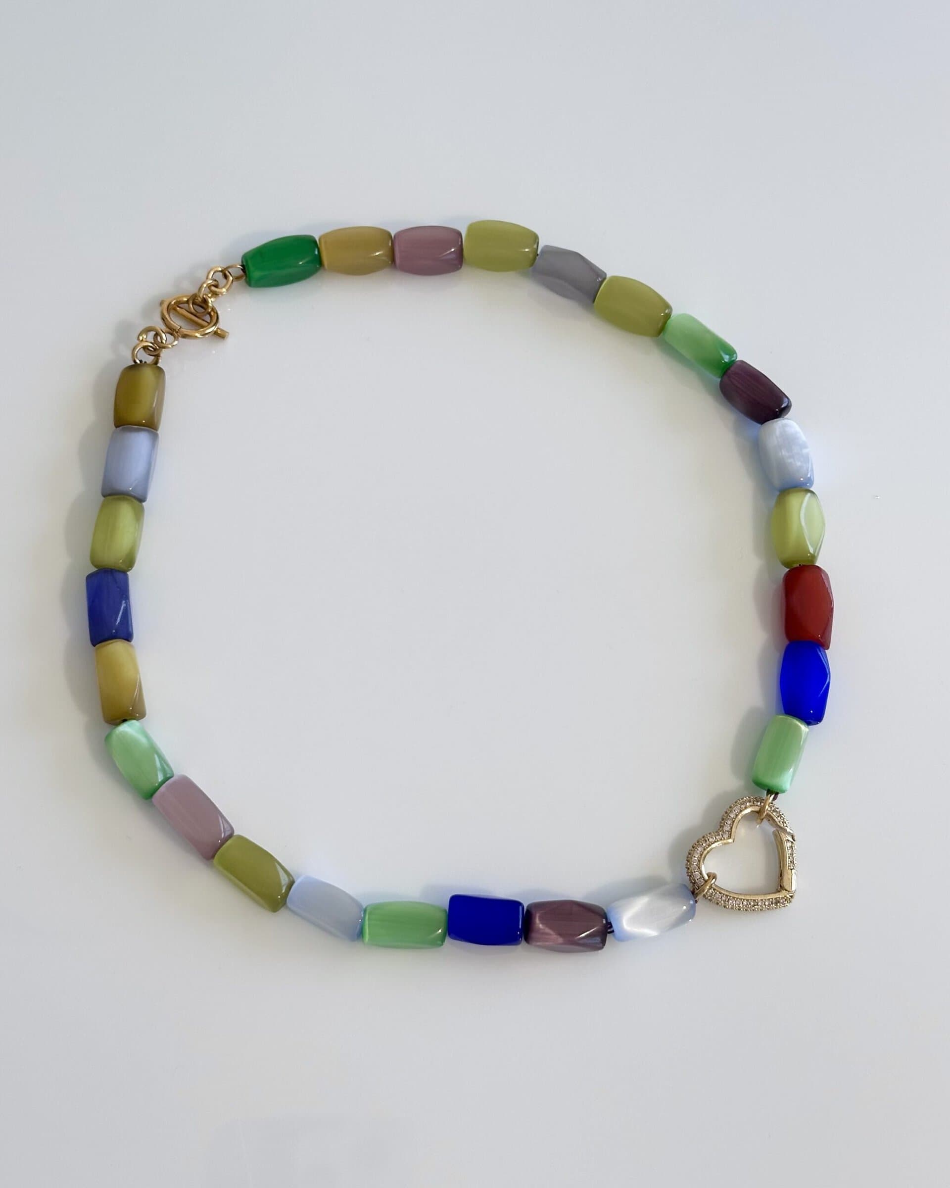 Multicolour cat's eye beaded necklace with a crystal pavé heart clasp, handmade by NIICA in Lisbon